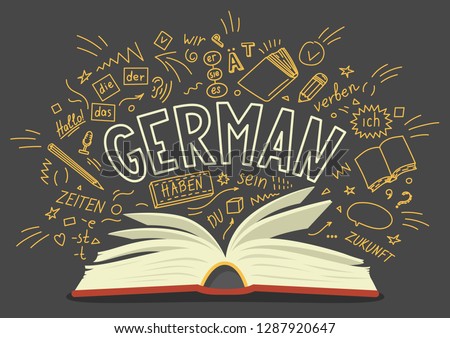 German. Book with hand drawn and lettering.  Der, die, das, er, sie, es, ich, haben, zeiten, sein, zukunft, hallo, verben,du. Translation: the, he, she, it, me, have, times, be, future,hello, verb,you
