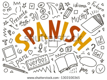 Spanish. Hand drawn doodles and lettering on white background. 