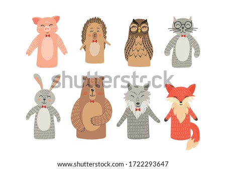 Puppet theatre. Hand toys animals set: pig, hare, fox, owl, rabbit, woolf and bear. 