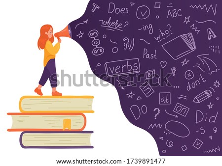 English. Girl on stack of books talking to megaphone with language doodle on white background. Female speaker. Teaching, translating, learning, education concept