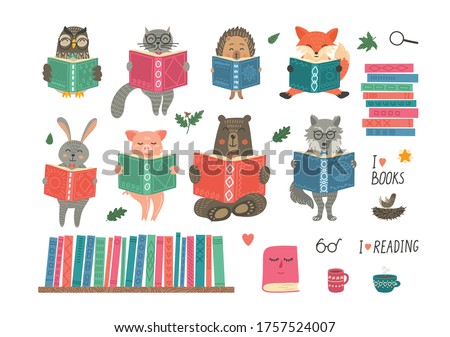 Animals reading book. Set from cute fantasy hand-drawn animals: cat, hare, fox, owl, rabbit, wolf, bear and hedgehog. Children educational illustration.