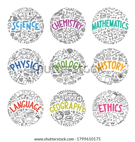 Science, chemistry, mathematics, physics, biology, history, language, geography, ethics. Set from school subjects doodle with hand drawn lettering. 