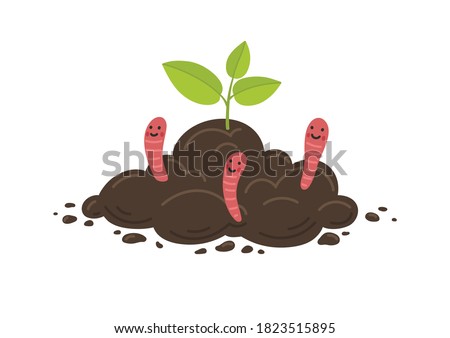 Young plant growth from soil with red worms. Farming and agriculture illustration. 