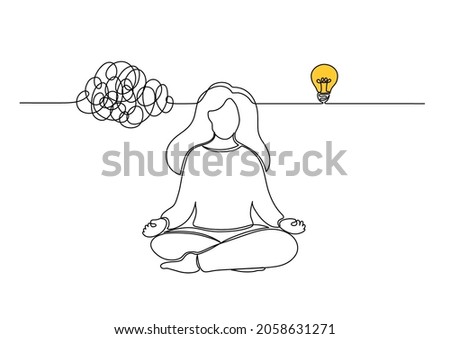 Woman come up with an idea after meditation. Girl meditates in lotus pose. Clearing away the mind's chatter concept. Developing of creativity. 商業照片 © 