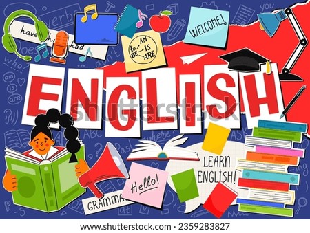 English. English language hand drawn doodles, lettering and stickers. Education vector illustration.