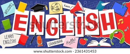 English. English language hand drawn doodles, lettering and stickers. Language education banner.