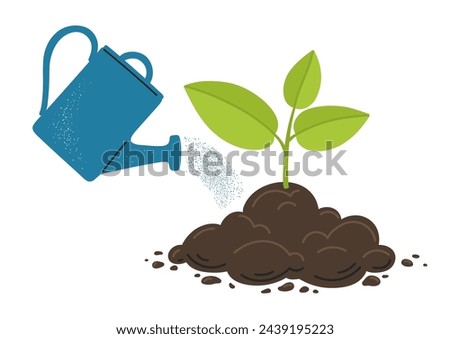 Watering can pours water on a young plant growth from soil. Farming and agriculture illustration. Take care of plant.