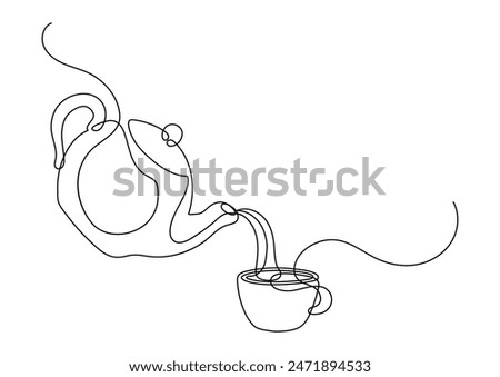 Teapot pouring tea to cup. Continuous line drawing.