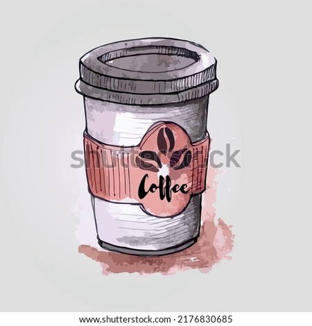 Vector illustration. Hand drawn disposable paper cup with coffee