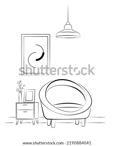 linear drawing of an armchair and a table with a vase with a plant. Scandinavian stylish furniture in a simple linear style. Doodle vector illustration