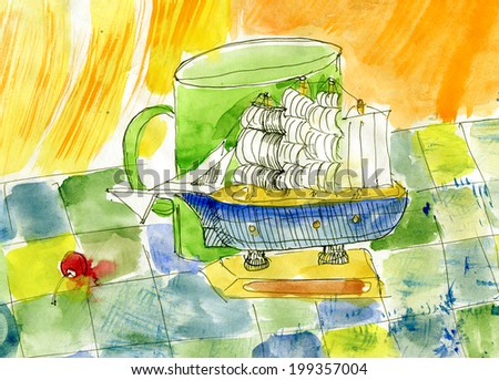 Ship model and a mug, standing on a table covered with a cloth checkered. Watercolor painting.