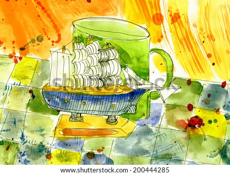Ship model and a mug, standing on a table covered with a cloth checkered. Watercolor painting.