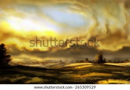Evening landscape with beautiful clouds. Digital drawing.