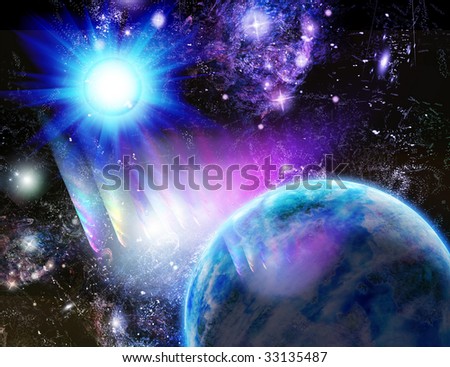 Planet at a blue sun, kind from space