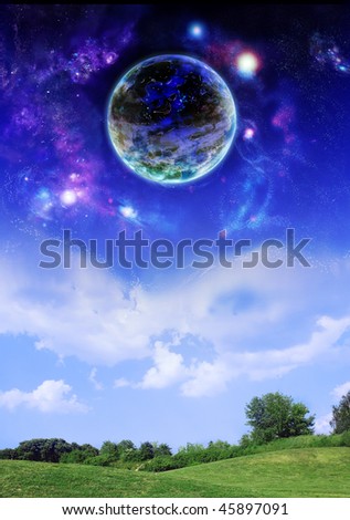 Planet above earth. Fantastic picture - a planet hung over earthly landscape