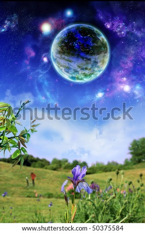 Planet above earth. Fantastic picture - a planet hung over earthly landscape