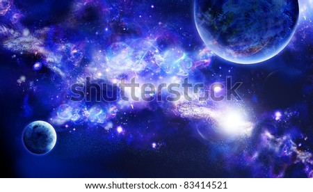 A planets is in space, long nebula or part of galaxy among star sky