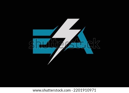 Initial vector design of blue EA letter logo, EA logo with thunderbolt.