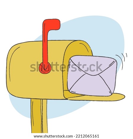 Mailbox with a raised flag, with an open door and letters inside. Yellow post box with envelopes. Vector illustration