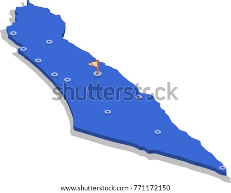 3d isometric view map of Israel with blue surface and cities. Isolated, white background