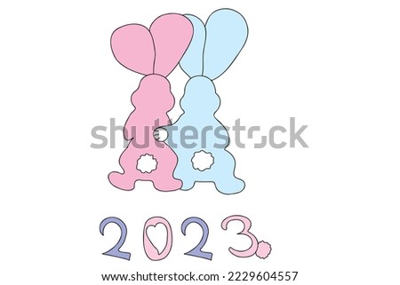 
The picture shows pink and blue rabbits hugging each other with their backs turned. It is intended for New Year's, Christmas, Valentine's Day, March 8, clothing printing, and you can use it for diffe