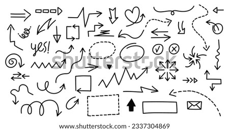 Set of cute pen line doodle element vector. Hand drawn doodle style collection of heart, arrows, scribble, star, speech bubble, words. Design for print, cartoon, card, decoration, sticker