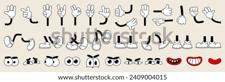 Set of 70s groovy comic faces vector. Collection of cartoon character faces, leg, hand in different emotions happy, angry, sad, cheerful. Cute retro groovy hippie illustration for decorative, sticker