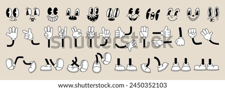 Set of 70s groovy comic faces vector. Collection of cartoon character faces, leg, hand in different emotions happy, angry, sad, cheerful. Cute retro groovy hippie illustration for decorative, sticker