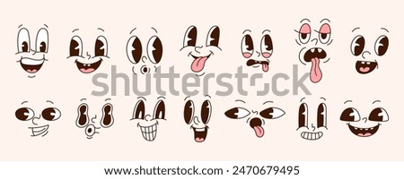 Cartoon faces. Vintage emotional face, old style funny eyes and mouth, different facial expression. Vector set