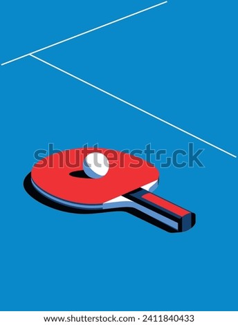 Ping pong paddle on game table. Poster, drawing. Resource for brand identity, social networks, presentations.