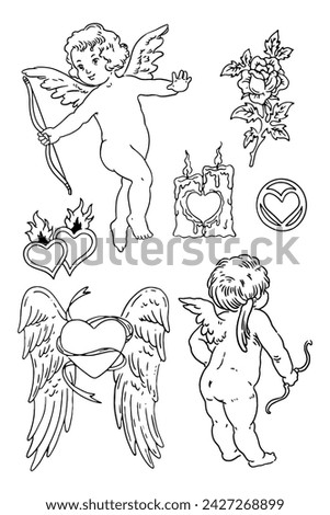 Set of cupid, angel, love, hearts and flowers, vector illustration