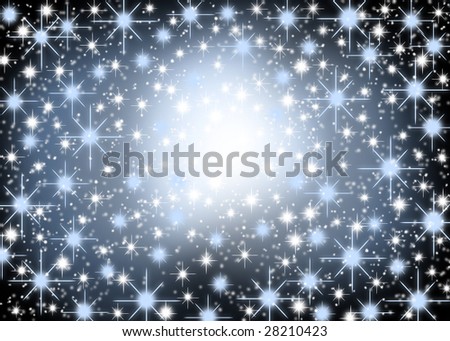 stars and snowflakes descending on a path of light