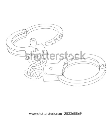 Iron handcuffs opened with a key close-up on a white background isolated circuit