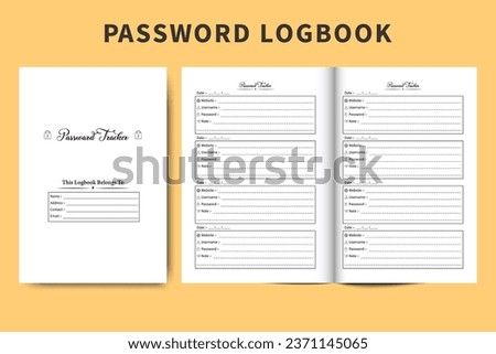 Website password and information tracker logbook interior vector. Regular login and website notebook with password tracker sections. Password logbook diary interior. Simple password notebook design.