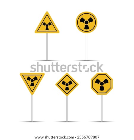 Nuclear danger yellow color signs are isolated on a white background. Radiation hazard and nuclear icon. Multiple shapes of road sign. Radiation and atomic zone billboard design. Atomic danger sign.