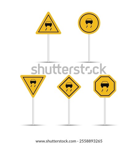 Slippery road warning and caution billboard isolated on a white background. Car and slippery road icon with multiple caution shapes. Warning, caution, and danger traffic sign for highway.