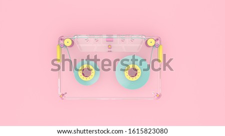 3d render illustration of audio cassette on pink background. Retro 80's style. Cute and pastel colors.  Modern trendy design.