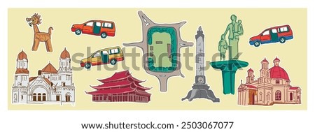 vector set of landmark cities, monuments, and transportation