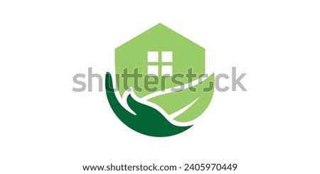 logo design combining the shape of a house with hands and leaves.