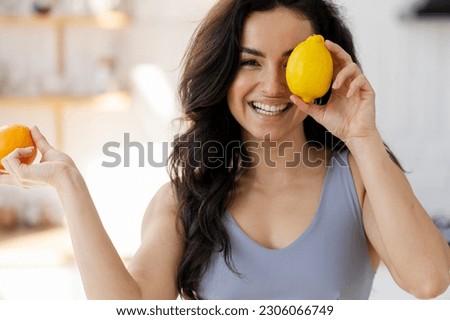 Similar – Image, Stock Photo Young Woman Holding Lemon Slices Over Eyes Smiling Widely