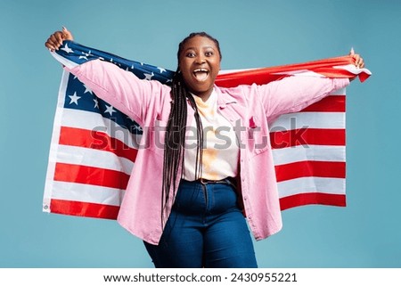 Similar – Image, Stock Photo American woman with flag sitting on road