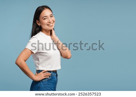 Similar – Image, Stock Photo Young happy woman in pink shirt with headphones