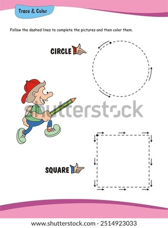 This is a tracing worksheet for preschool kids to draw basic shapes. It helps them develop their fine motor skills by following the dashed lines.