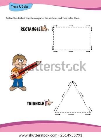 With this worksheet, preschoolers can practice drawing simple shapes and build fine motor skills by tracing along the dashed lines.