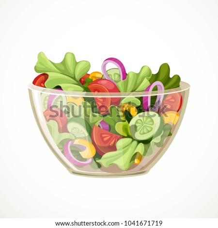 Green salad of fresh vegetables in a transparent salad bowl object isolated on a white background