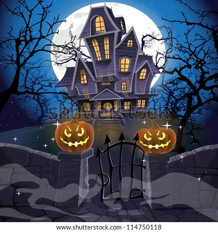 Happy Halloween Cozy Haunted House Behind A Stone Wall Stock Vector ...