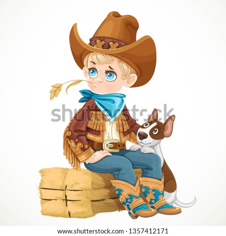 Cute boy in cowboy costume playing with dog and sitting on briquette of hay isolated on a white background