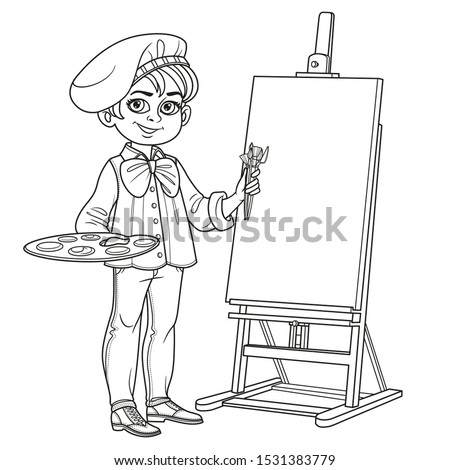 Cute boy in artist costume with palette and brushes near the easel outlined for coloring page