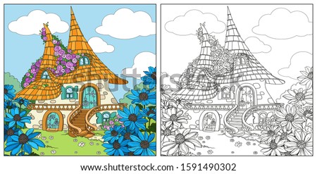 Snail and big mushroom coloring page for kids drawing education