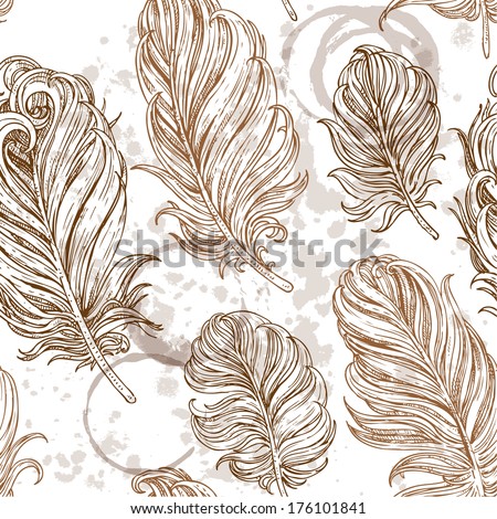 Seamless romantic background from bird feathers on grunge stains from cups